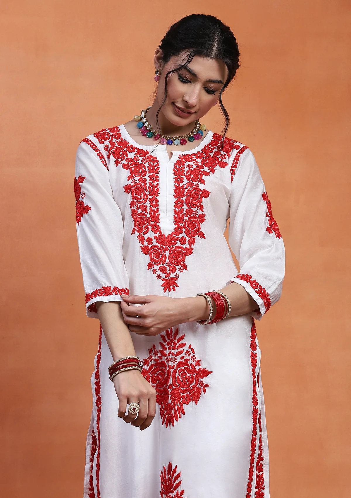 HOC Chanderi Chikankari Solid Women's Long Kurta  - White - Healthber