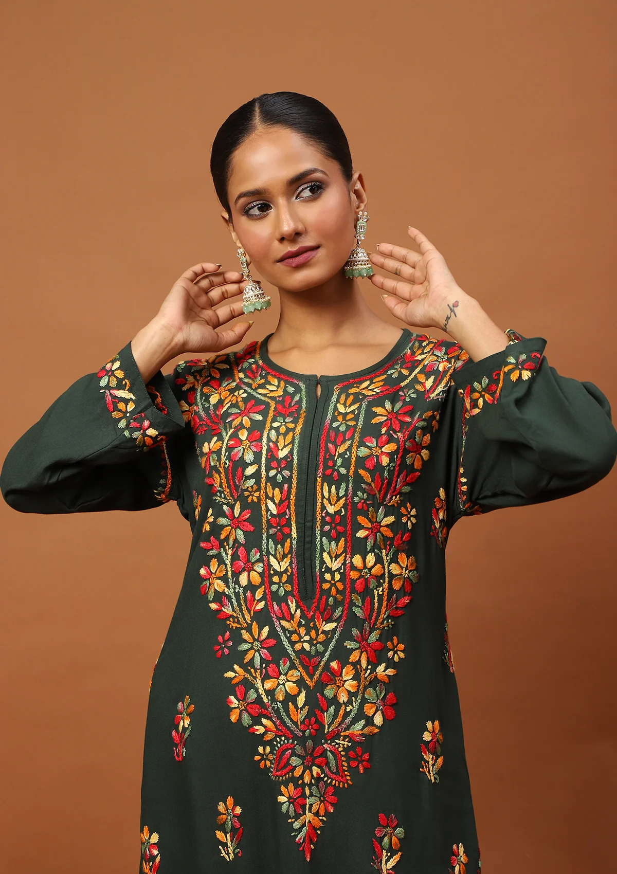 HOC Rayon Chikankari Solid Women's Long Kurta -Dark Green - Healthber