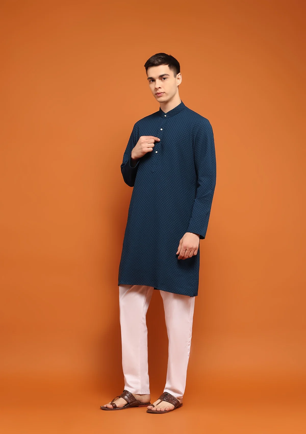HOC Dobby Textured Solid Men's Long Kurta - Navy Blue - Healthber