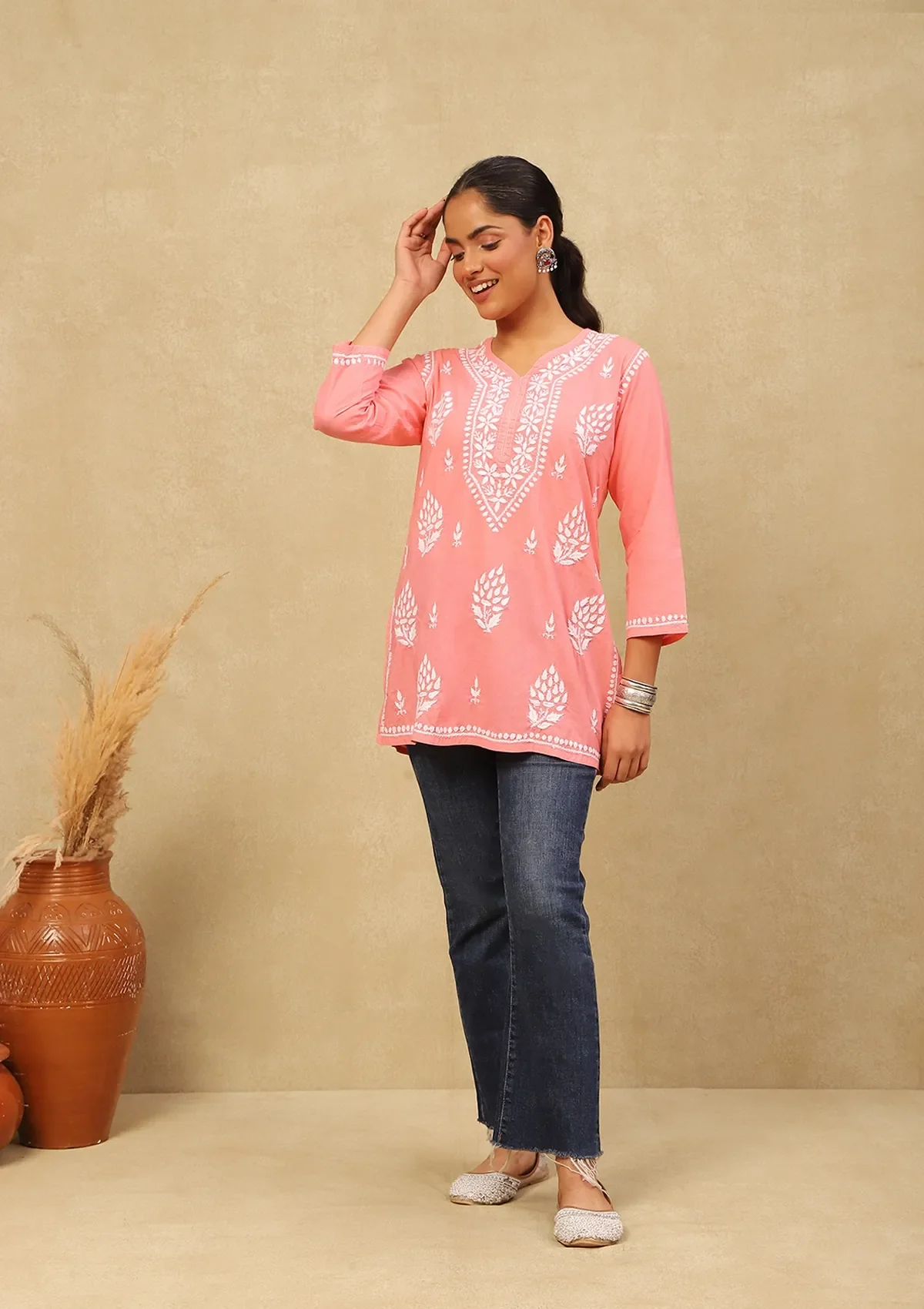 HOC Cotton Chikankari Solid Women's Short Kurta - Peach - Healthber