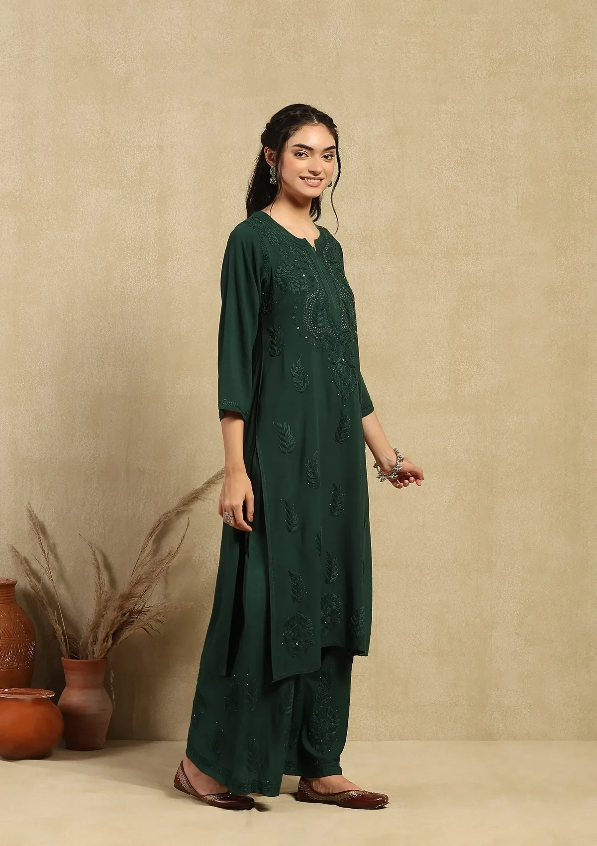 HOC Rayon Chikankari Mukaish Solid Women's 2PC Long Kurta Set - Dark Green - Healthber