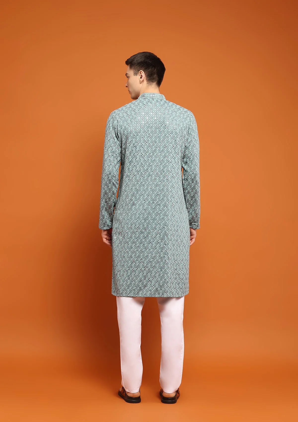 HOC Rayon Embroidered With Sequins Solid Men's Long Kurta- Seafoam Green - Healthber