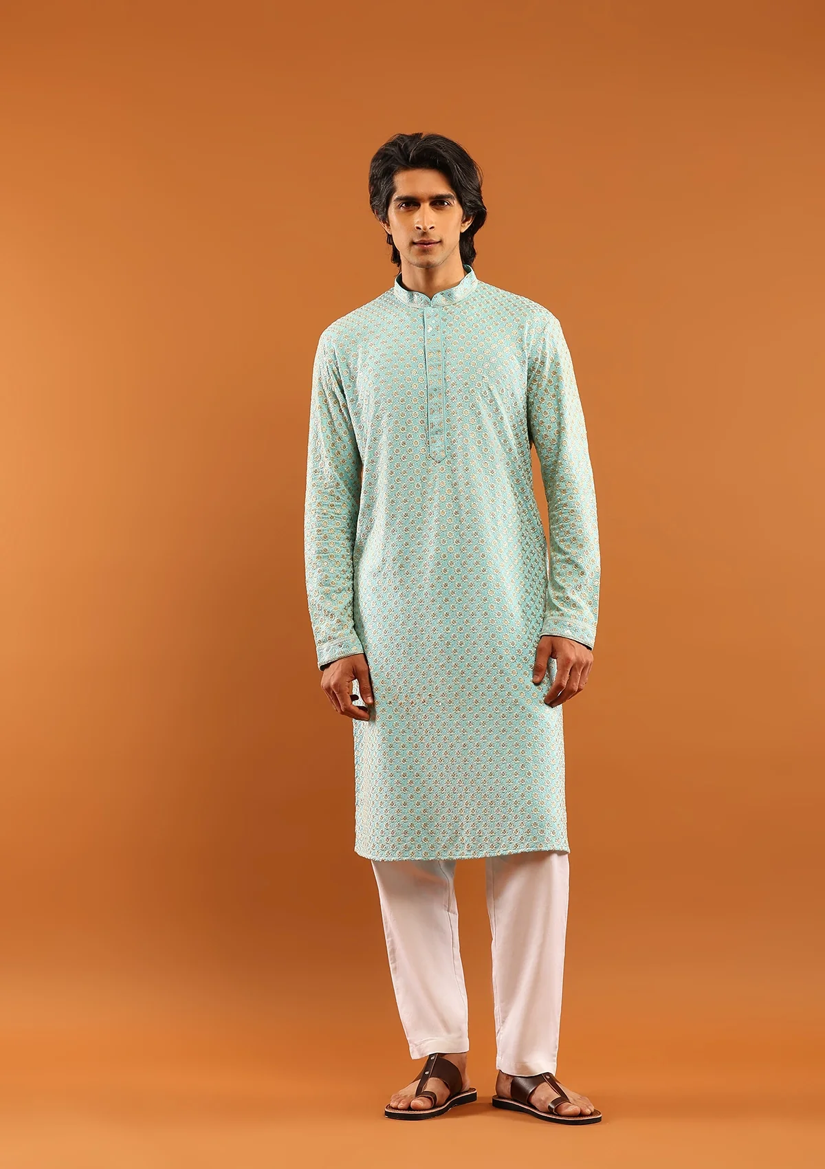 HOC Rayon Embroidered With Sequins Solid Men's Long Kurta- Aqua Blue - Healthber