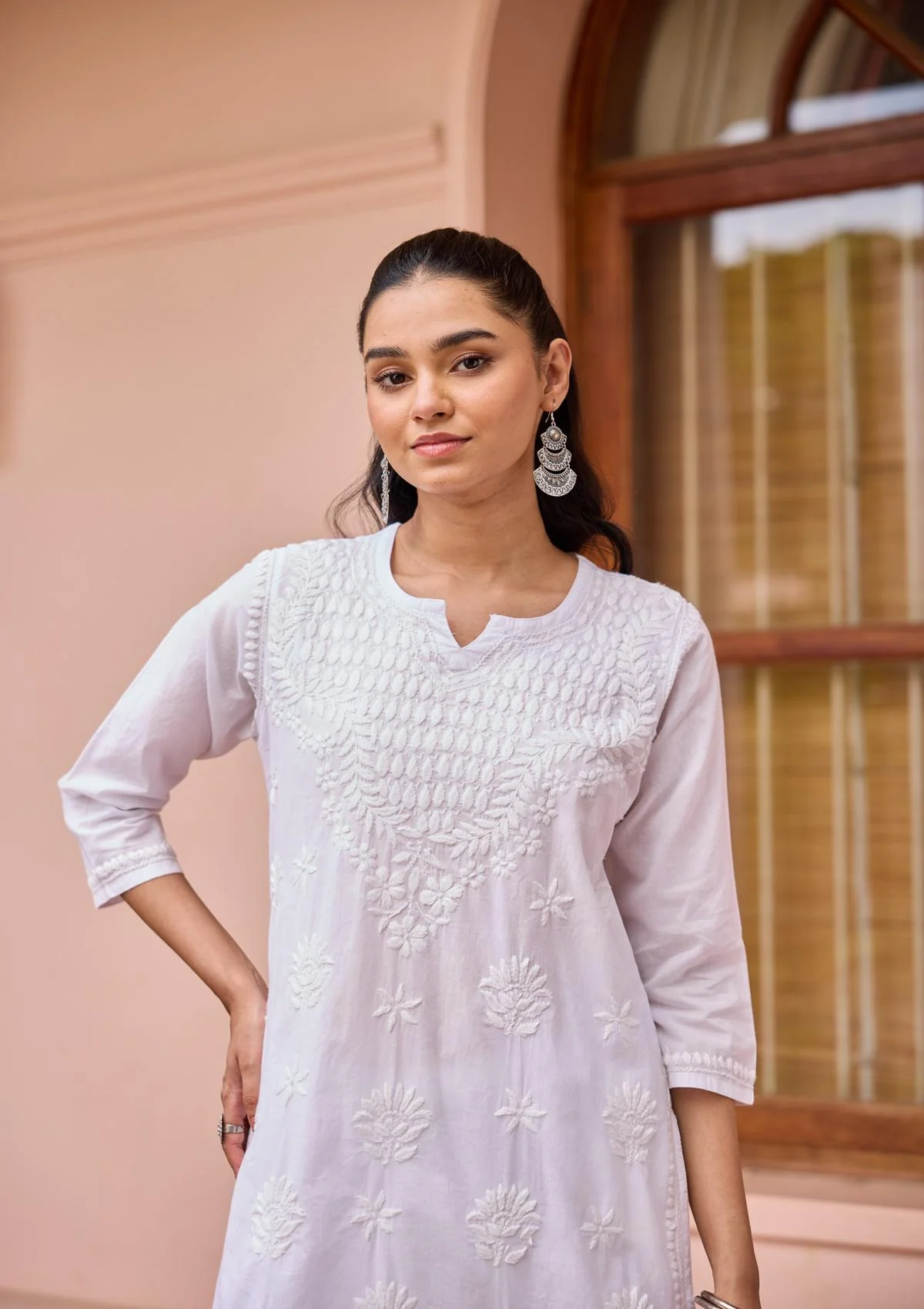 HOC Cotton Chikankari Solid Women's Long Kurta - White - Healthber