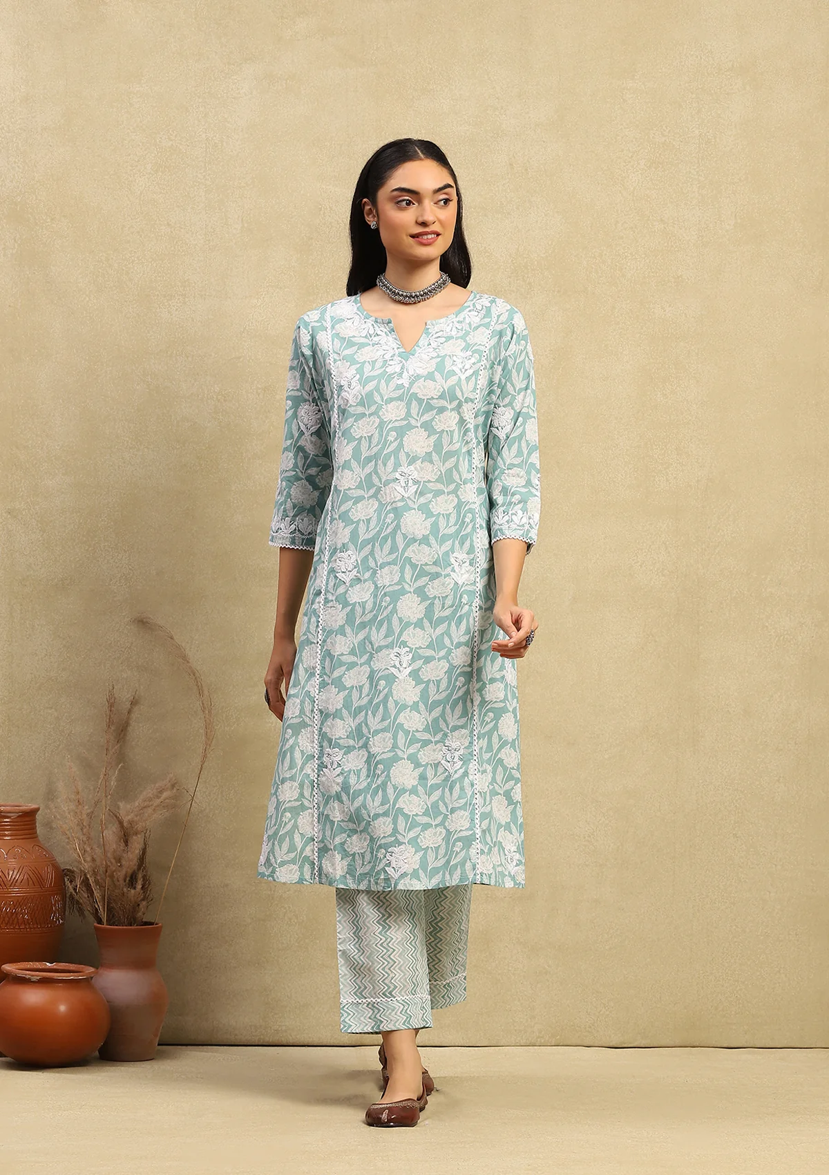 HOC Cotton Chikankari Printed Women's 2PC Long Kurta Set -  Teal Green - Healthber