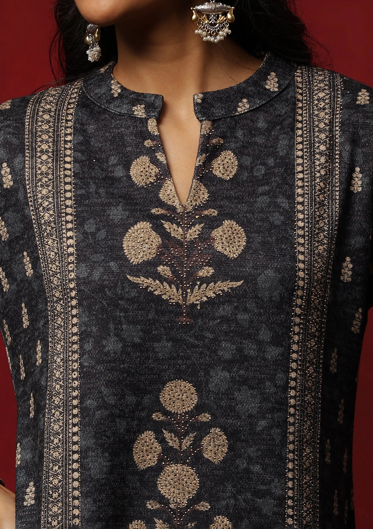 HOC Woollen Hand Embellished Printed Women's 3 PC Kurta Set -Dark Grey - Healthber