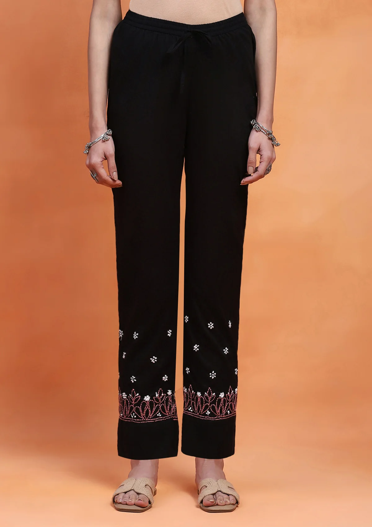 HOC Cotton Cambric Chikankari Solid Women's Pant - Black - Healthber