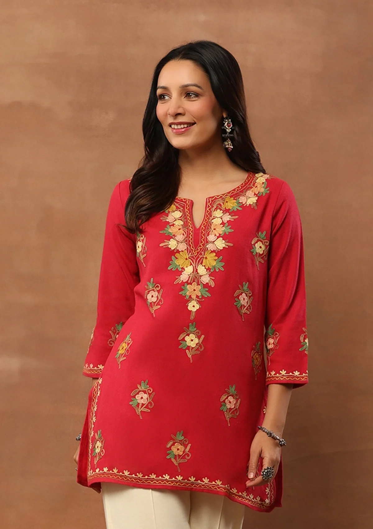 HOC Aari Embroidered Woollen Solid Women's Short Kurta - Pink - Healthber