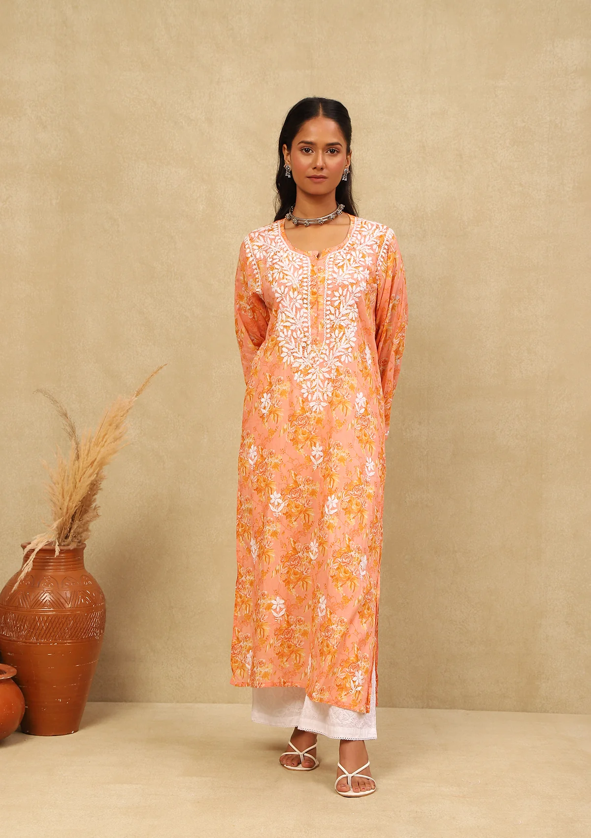 HOC Mulmul Chikankari Printed Women's Long Kurta -Orange - Healthber