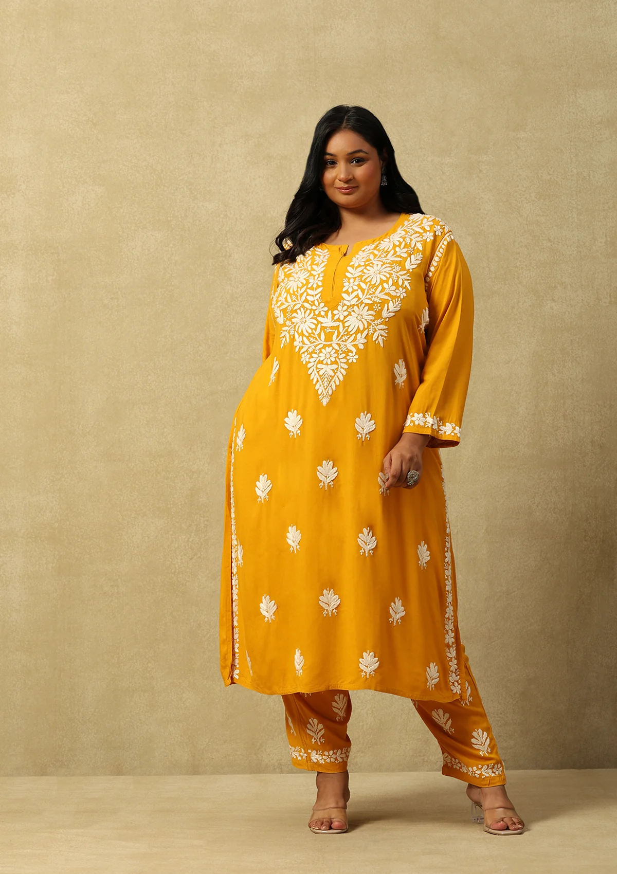 HOC Rayon Chikankari Solid Women's 2 PC Long Kurta Set- Mustard Yellow - Healthber