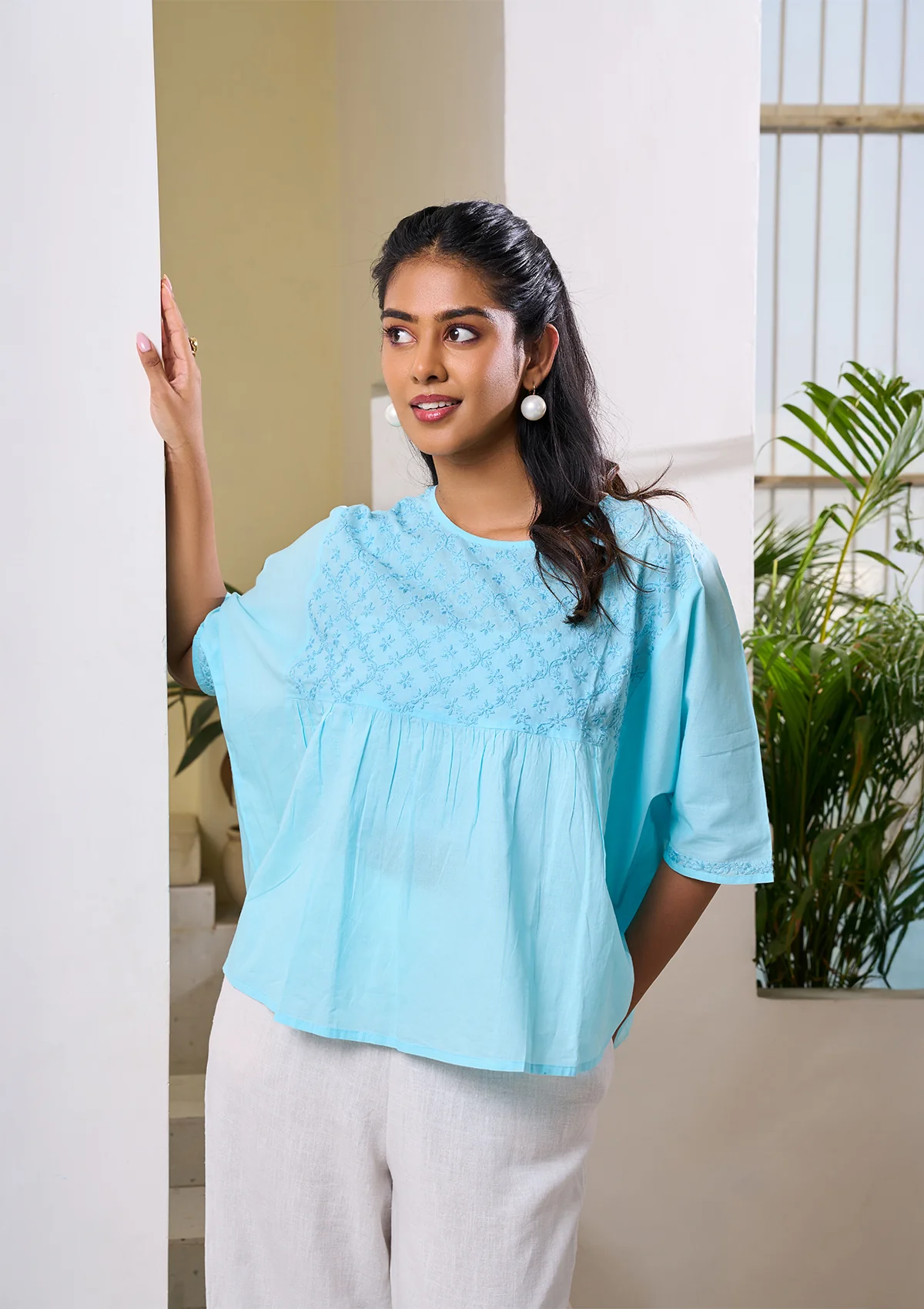HOC Cotton Chikankari Solid Women's Top - Powder Blue - Healthber
