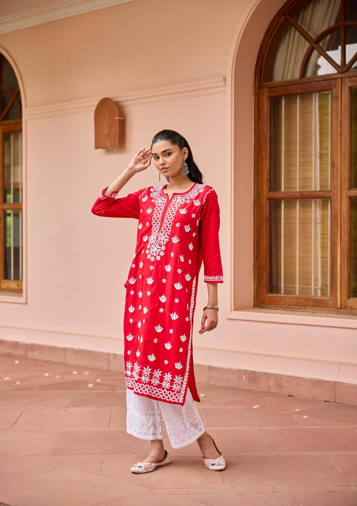 HOC Cotton Chikankari Solid Women's Long Kurta - Red - Healthber