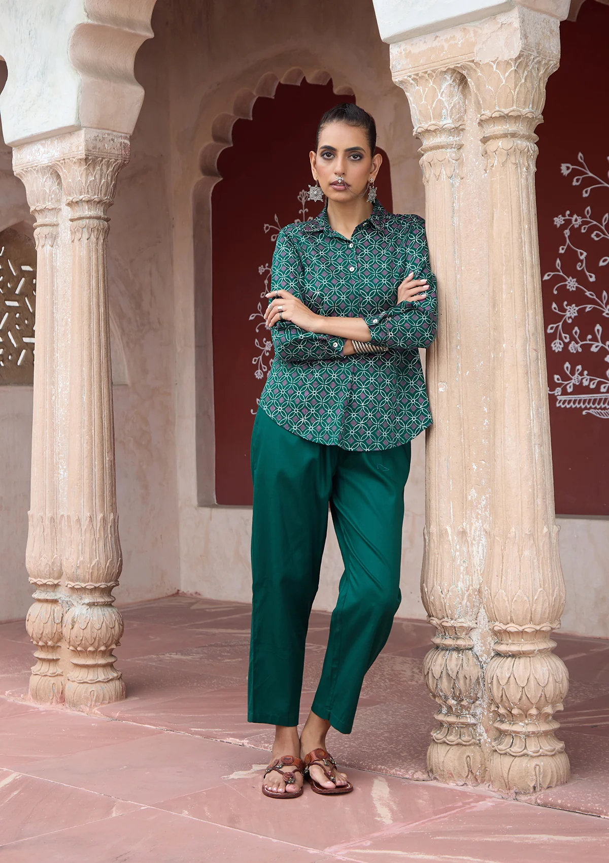 HOC Glazed Cotton Hand Block Printed with Hand Embroidery Women's 2 PC Co-ord Set - Dark Green - Healthber