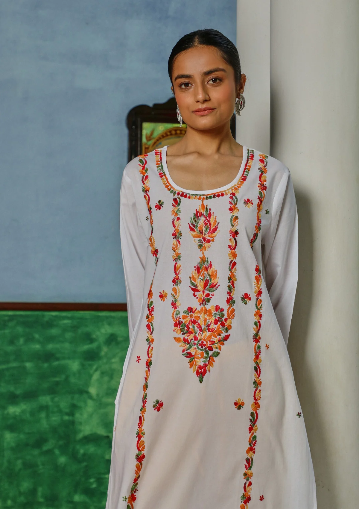 HOC Cotton Chikankari Solid Women's Long Kurta - White - Healthber