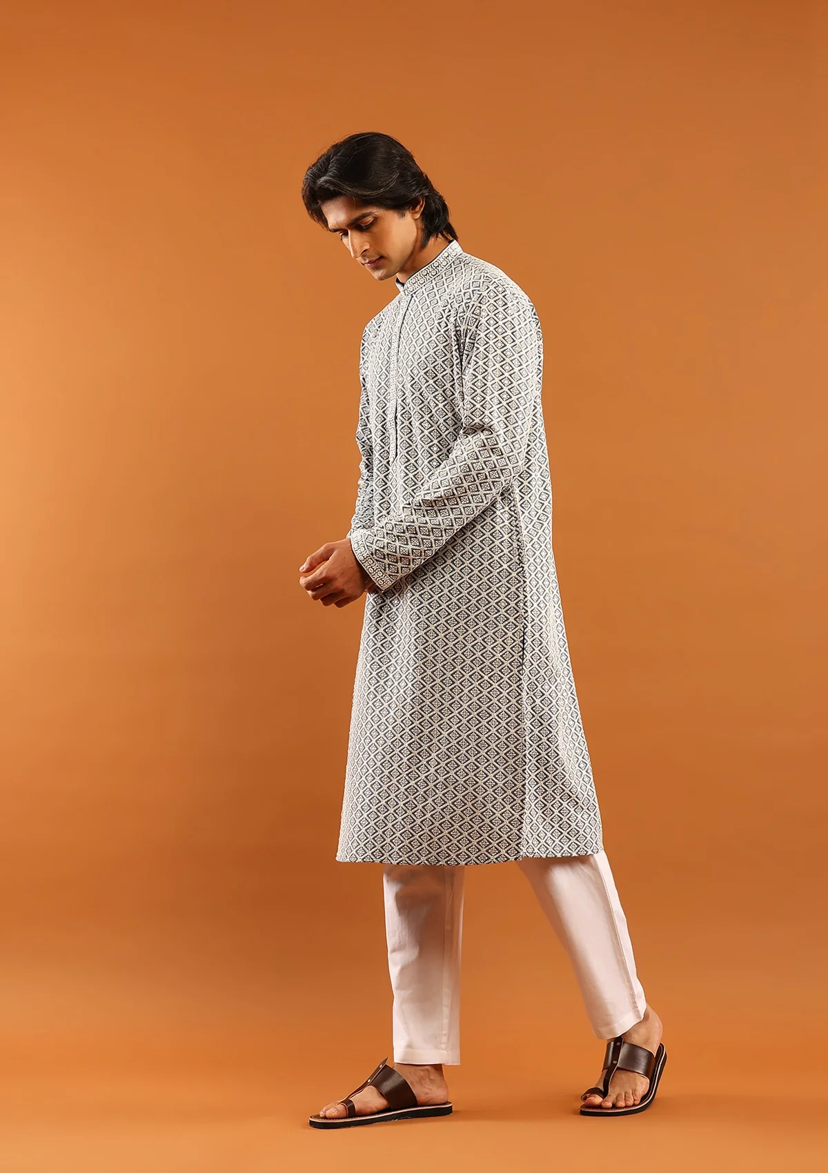 HOC Rayon Embroidered With Sequins Solid Men's Long Kurta- Grey - Healthber