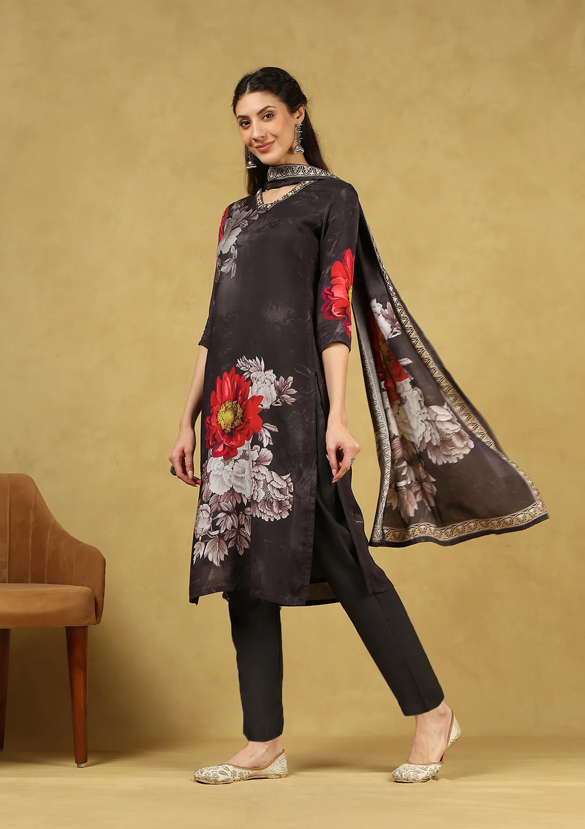 HOC Hand Embellished Muslin Printed Women's 3 PC Long Kurta Set with Dupatta - Black - Healthber