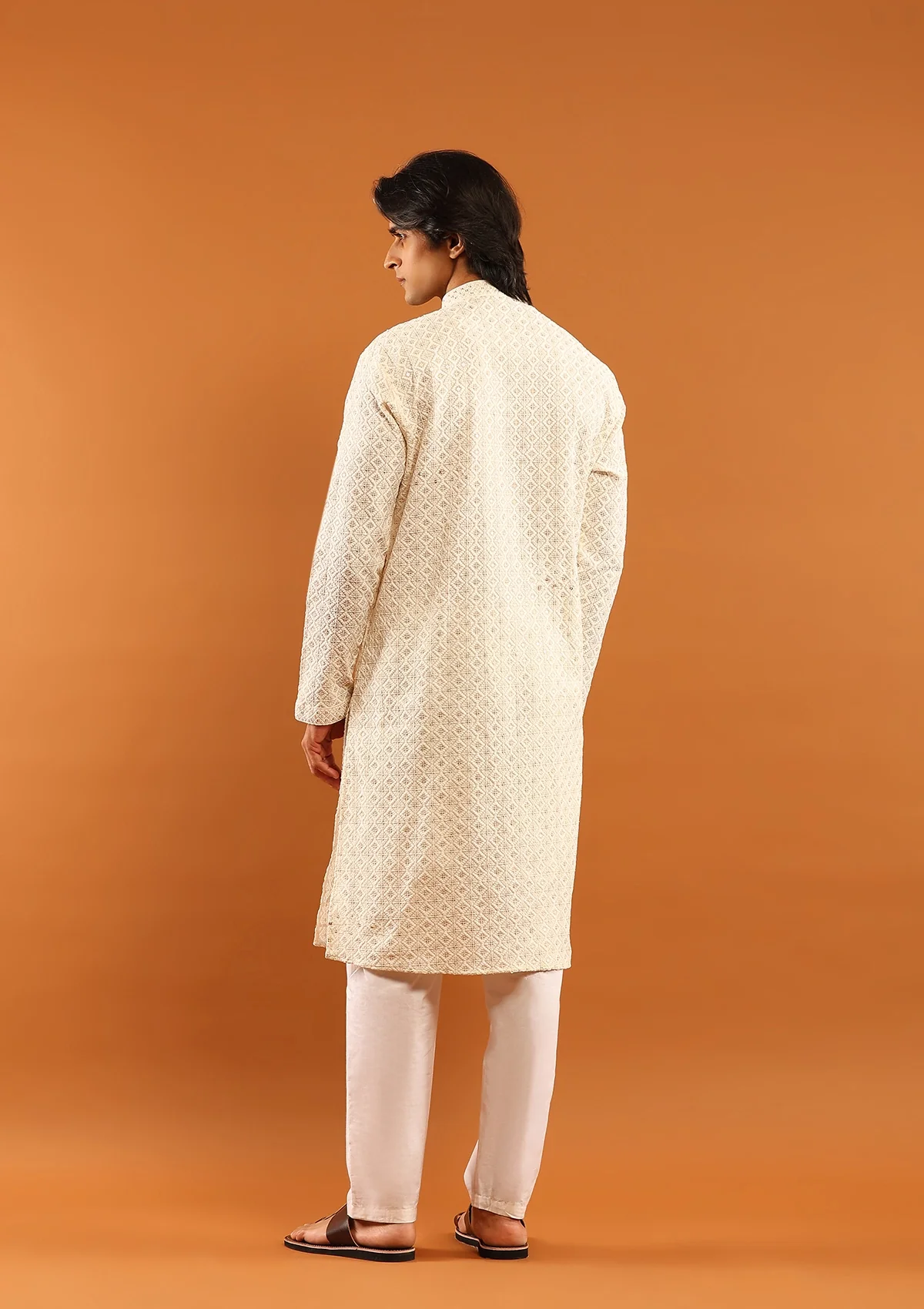 HOC Cotton Embroidered With Sequins Solid Men's Long Kurta- Cream - Healthber