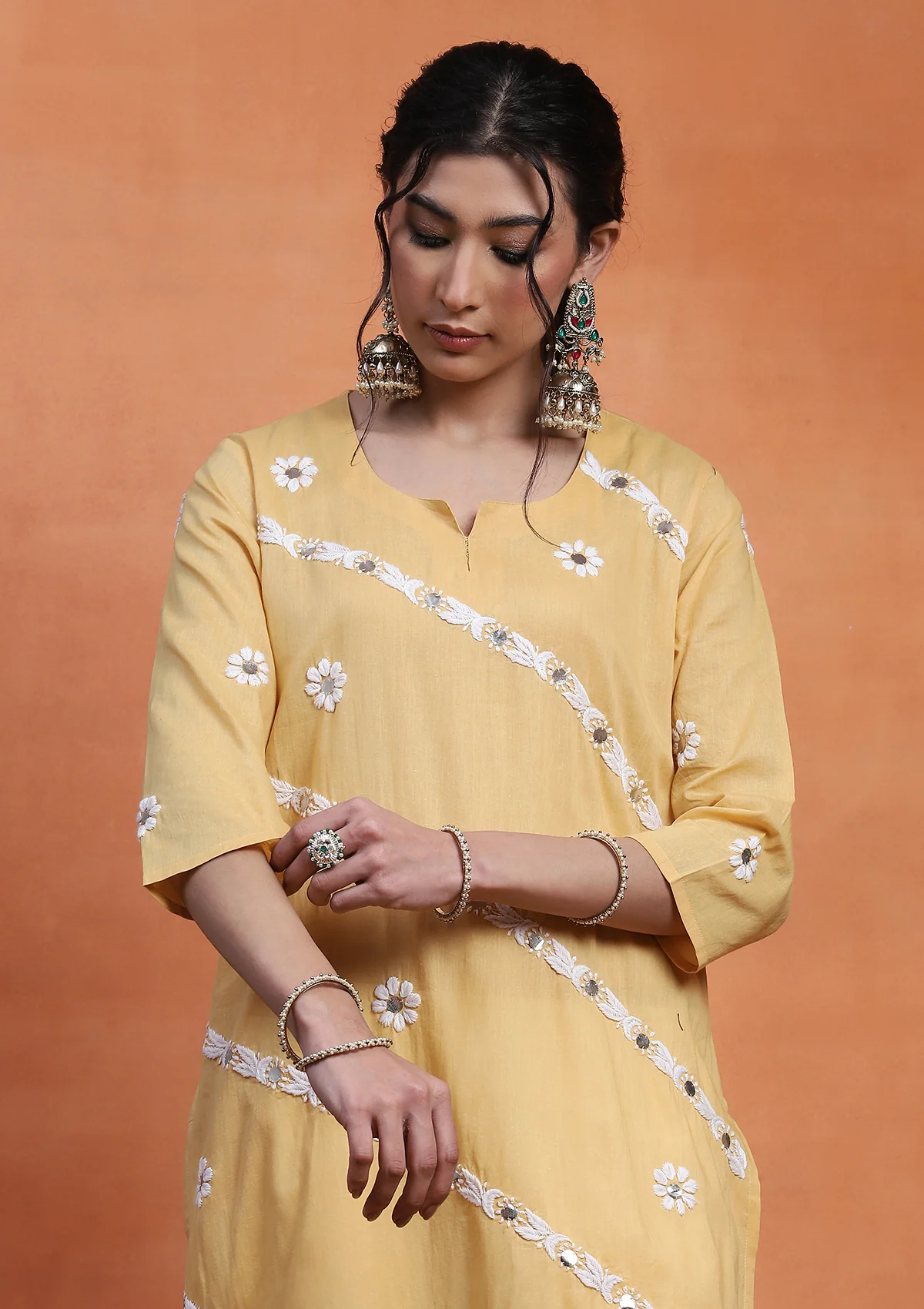 HOC Cotton Chikankari Gota Work Women's Long Kurta - Yellow - Healthber