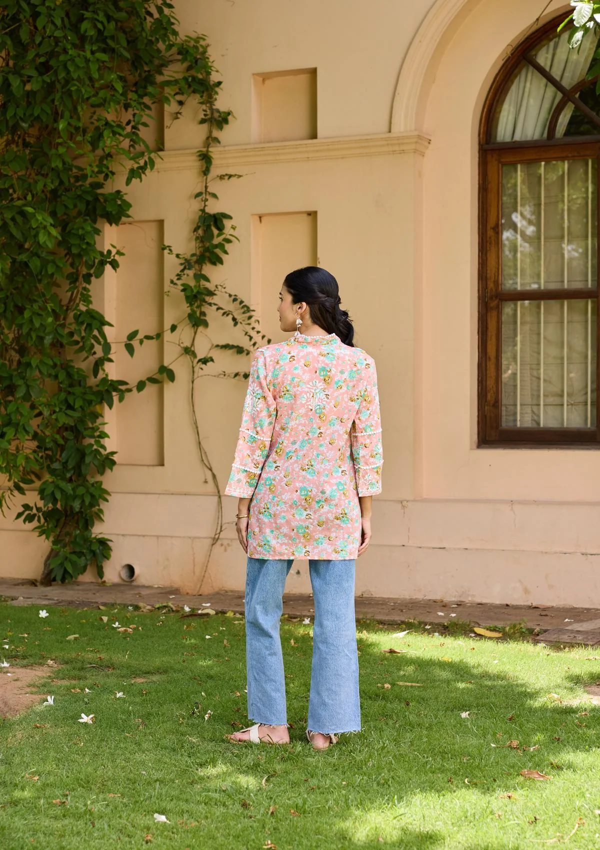 HOC Cotton Chikankari Printed Women's Short Kurta - Peach - Healthber