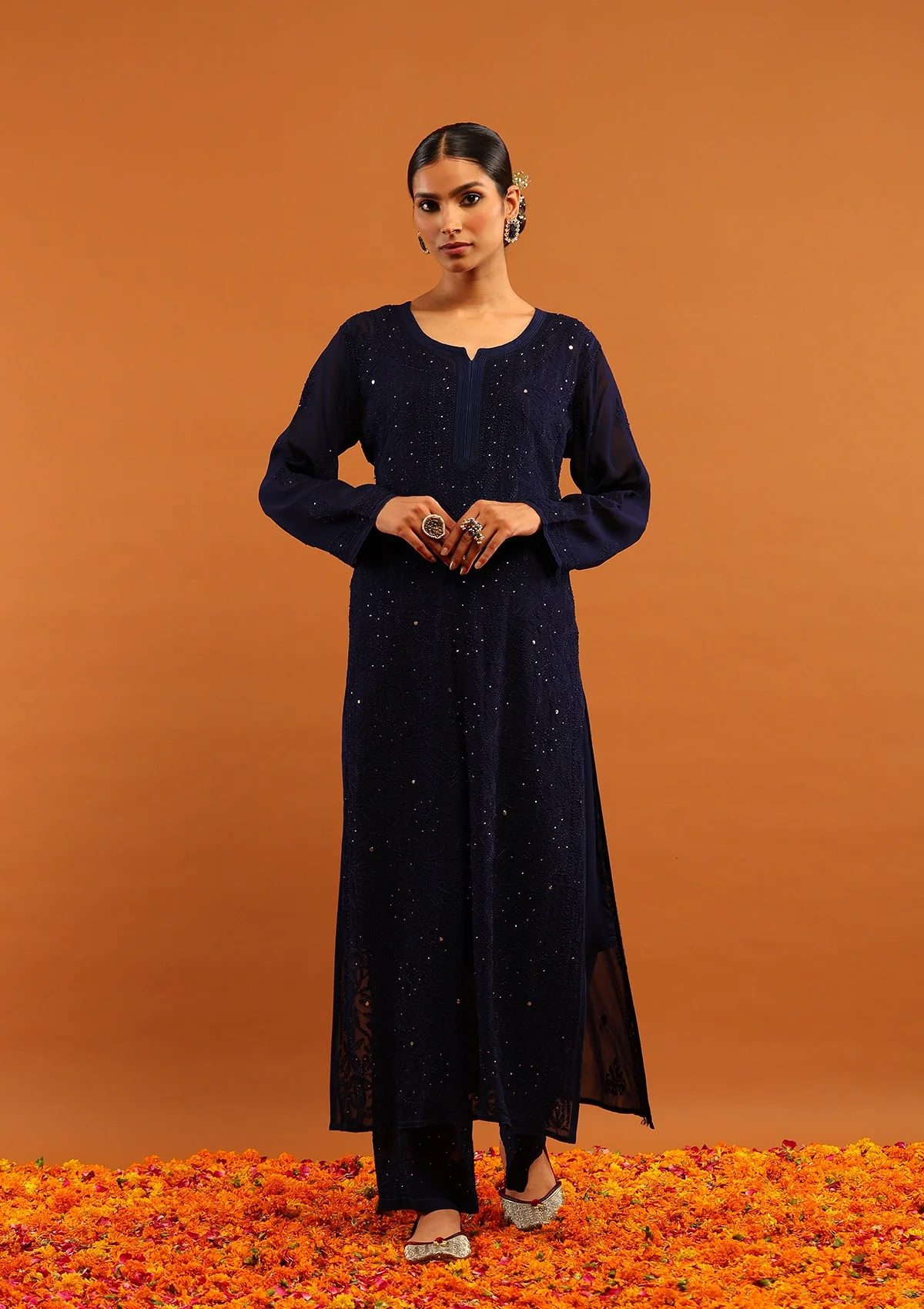 HOC Viscose Georgette Chikankari Mukaish & Kamdani Solid Women's 4 PC Long Kurta Set-Navy Blue - Healthber
