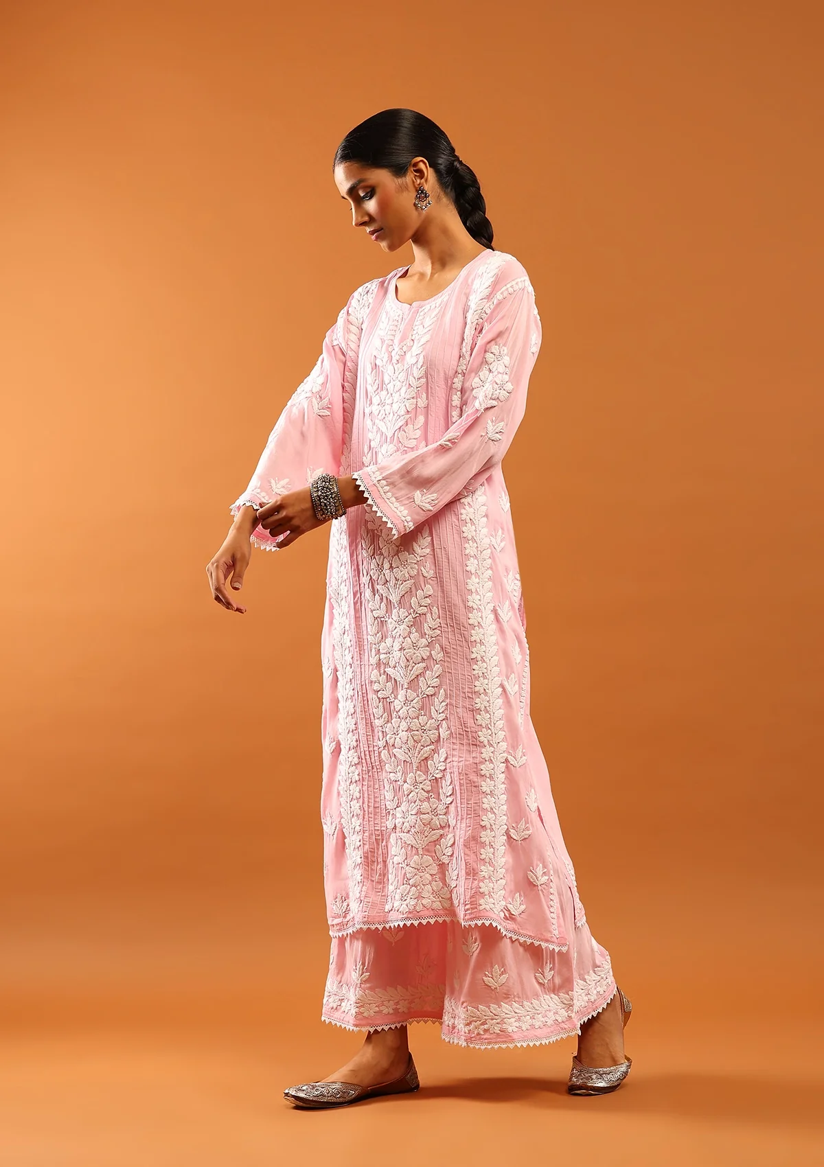 HOC Modal Chikankari Solid Women's 2 PC Long Kurta Set With Lace -Pink - Healthber
