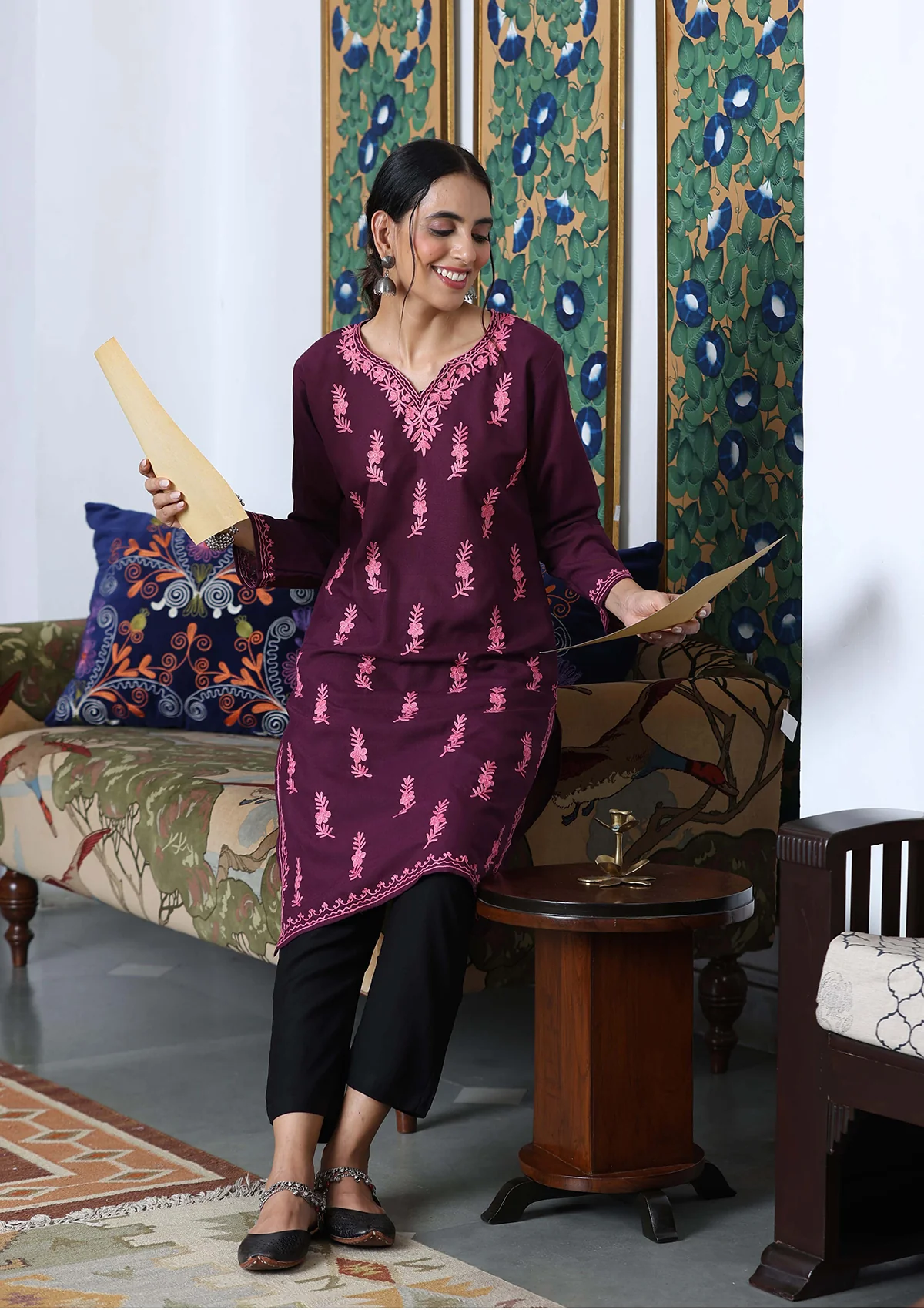 HOC Aari Embroidered Cotton Solid Women's Long Kurta - Dark Purple - Healthber