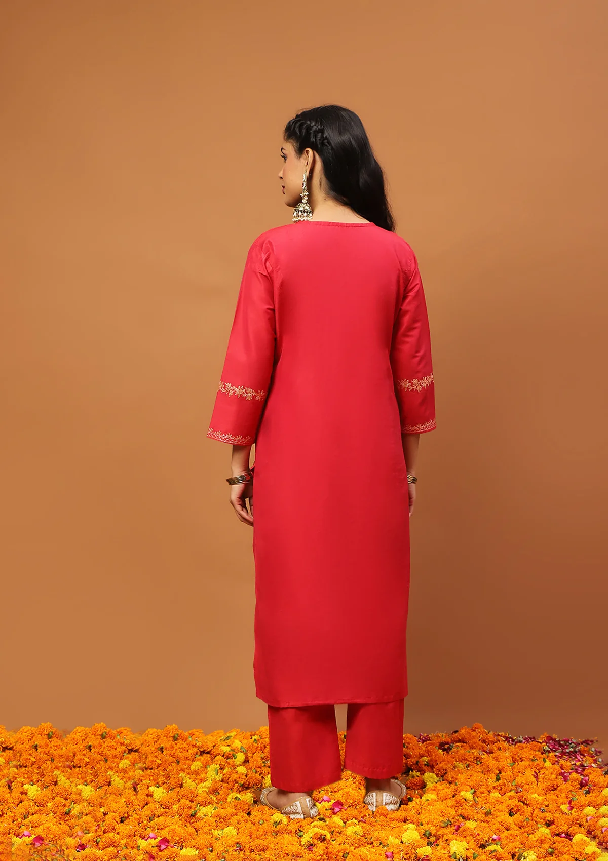 HOC Art Silk Embroidered Zari Work Solid Women's 2 PC Long Kurta Set - Red - Healthber