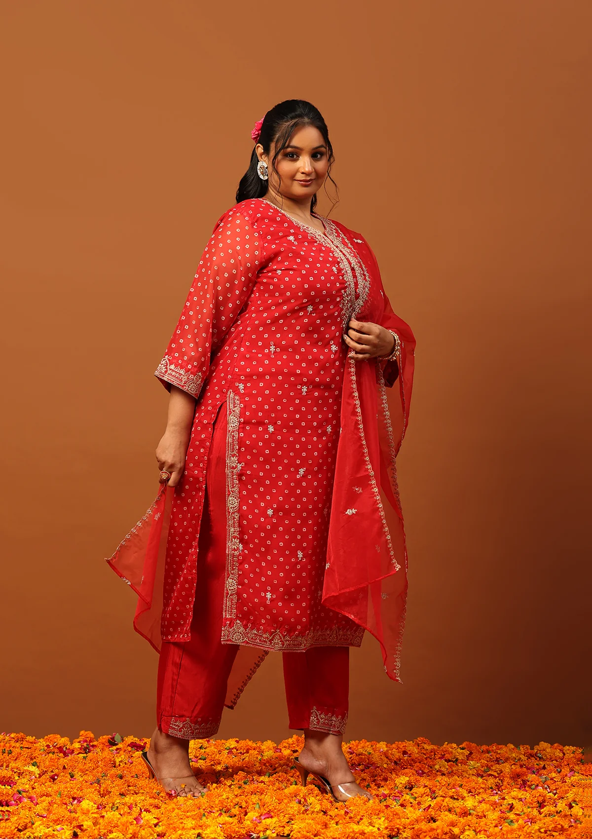 HOC Organza Zari Embroidered With Sequins Bandhani Printed Women's Straight Kurta Set-Red - Healthber