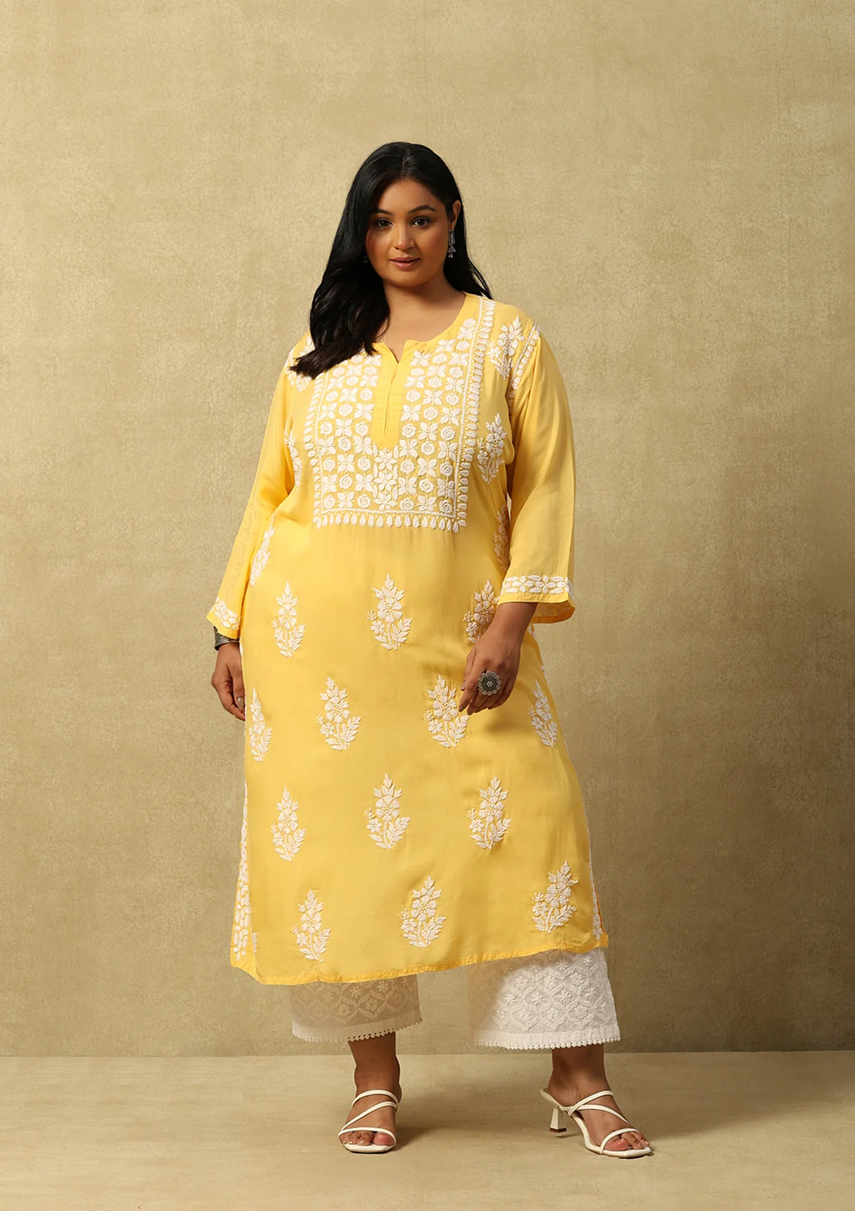 HOC Modal Chikankari Solid Women's Long Kurta -Yellow - Healthber