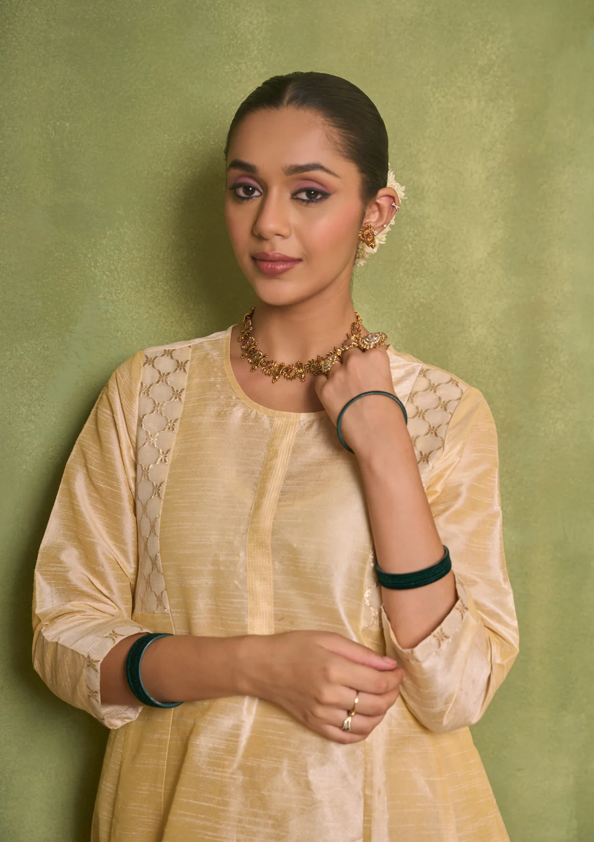 HOC Silk Blend Solid Women's 3 PC A-Line Kurta Set - Golden - Healthber