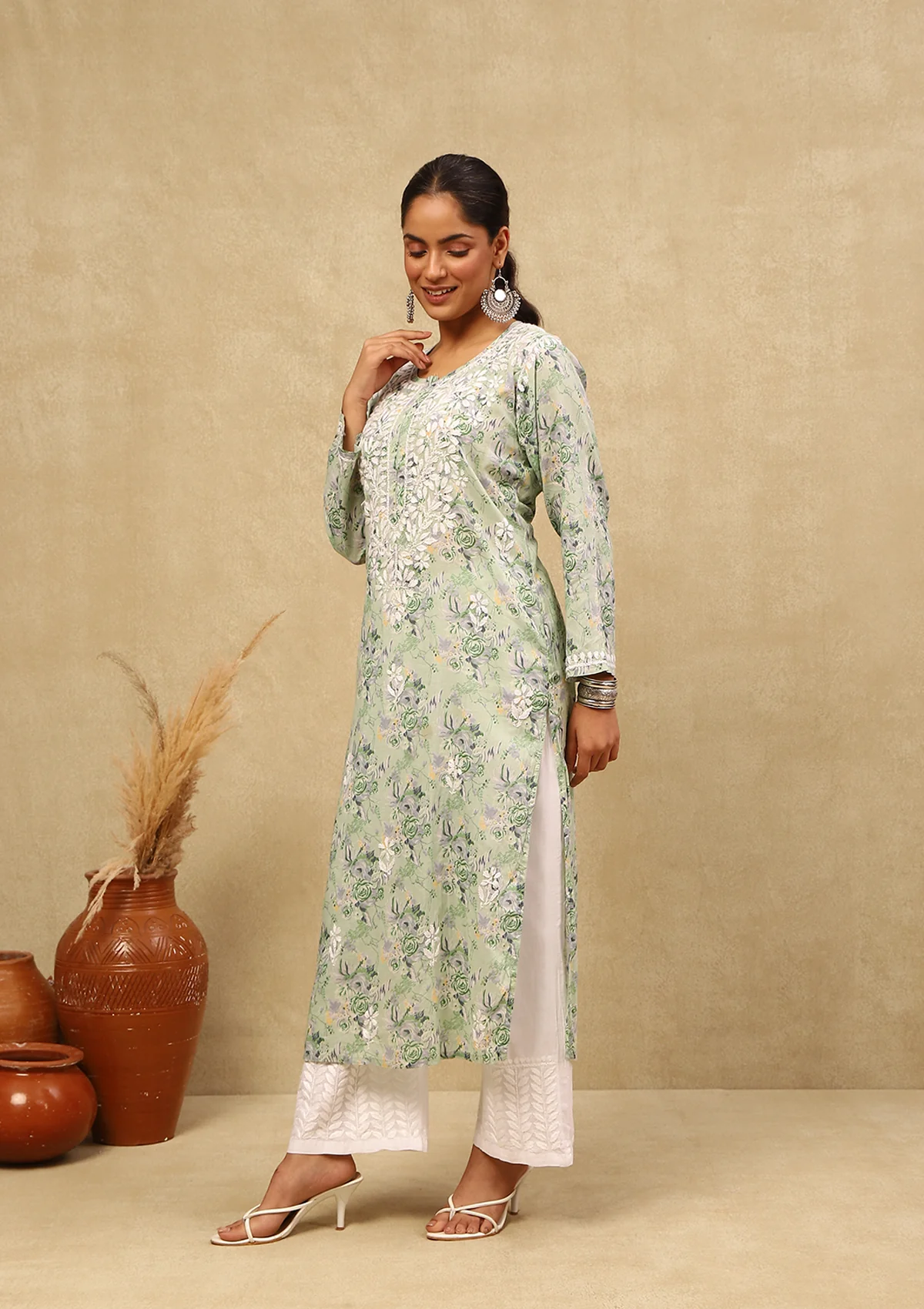 HOC Mulmul Chikankari Printed Women's Long Kurta -Light Green - Healthber