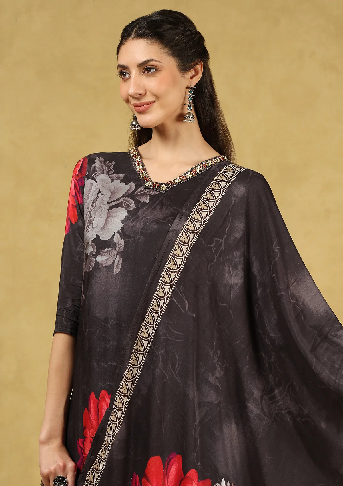 HOC Hand Embellished Muslin Printed Women's 3 PC Long Kurta Set with Dupatta - Black - Healthber