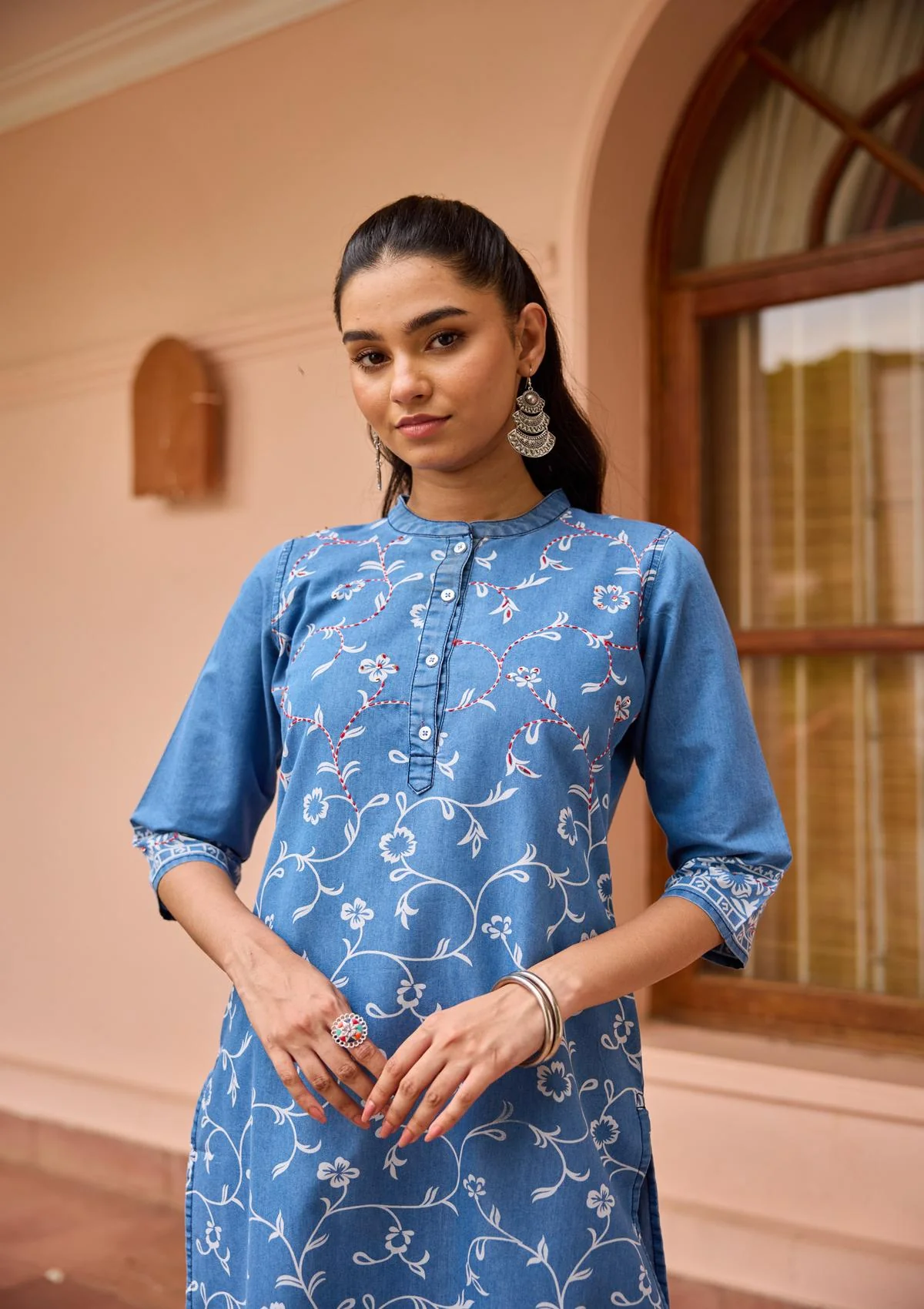 HOC Kantha Hand Embellished Denim Printed Women's Straight Kurta-Light Blue - Healthber
