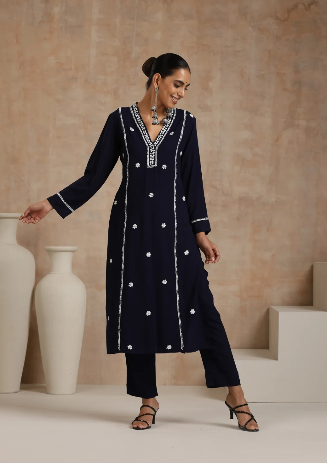 HOC Rayon Chikankari Solid Women's 2 PC Long Kurta Set - Navy Blue - Healthber