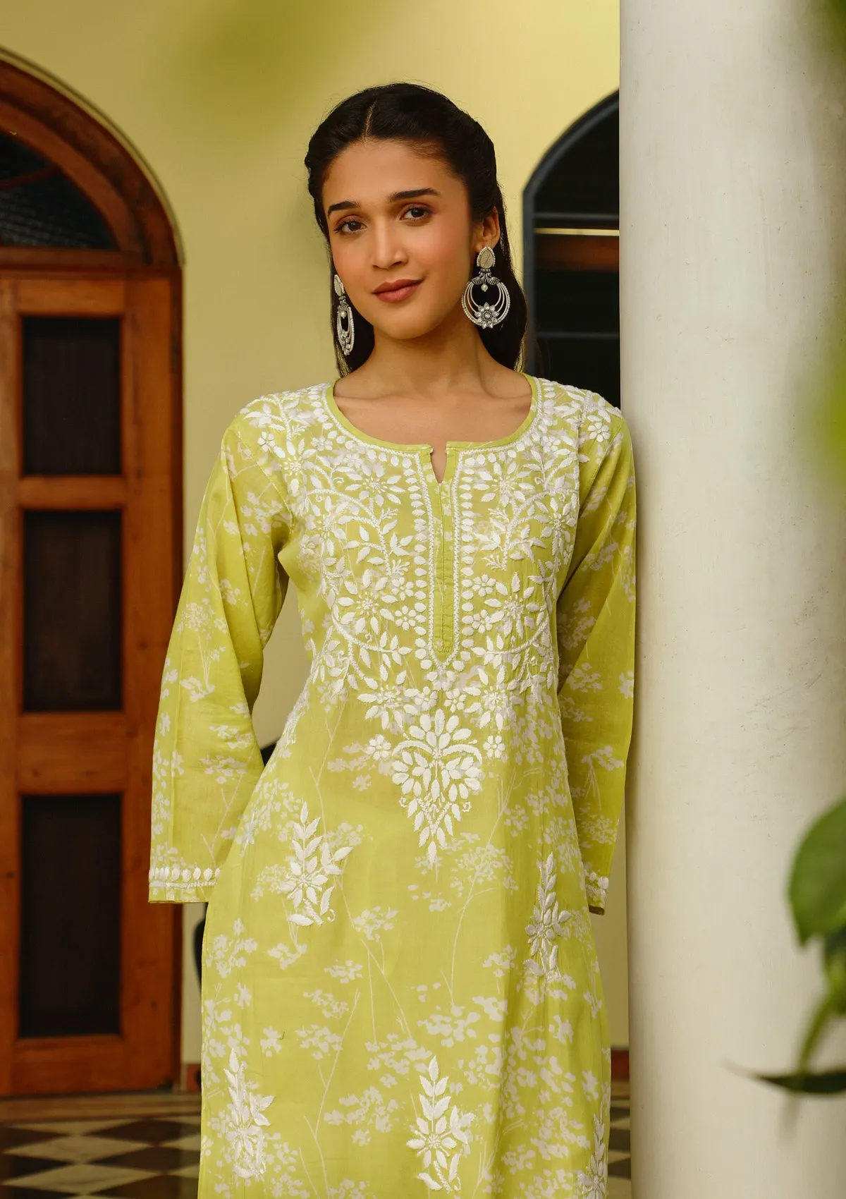 HOC Zainab Chikankari Mulmul Printed Straight Kurta -Green - Healthber
