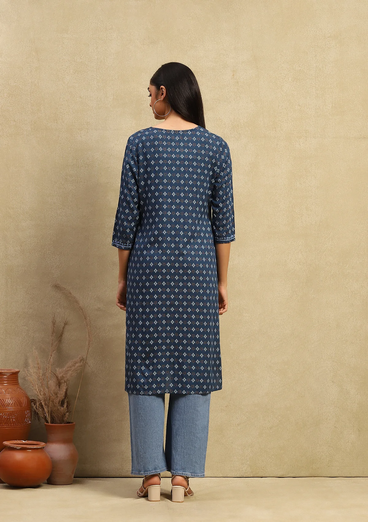 HOC Rayon Chikankari Printed Women's Long Kurta - Navy Blue - Healthber