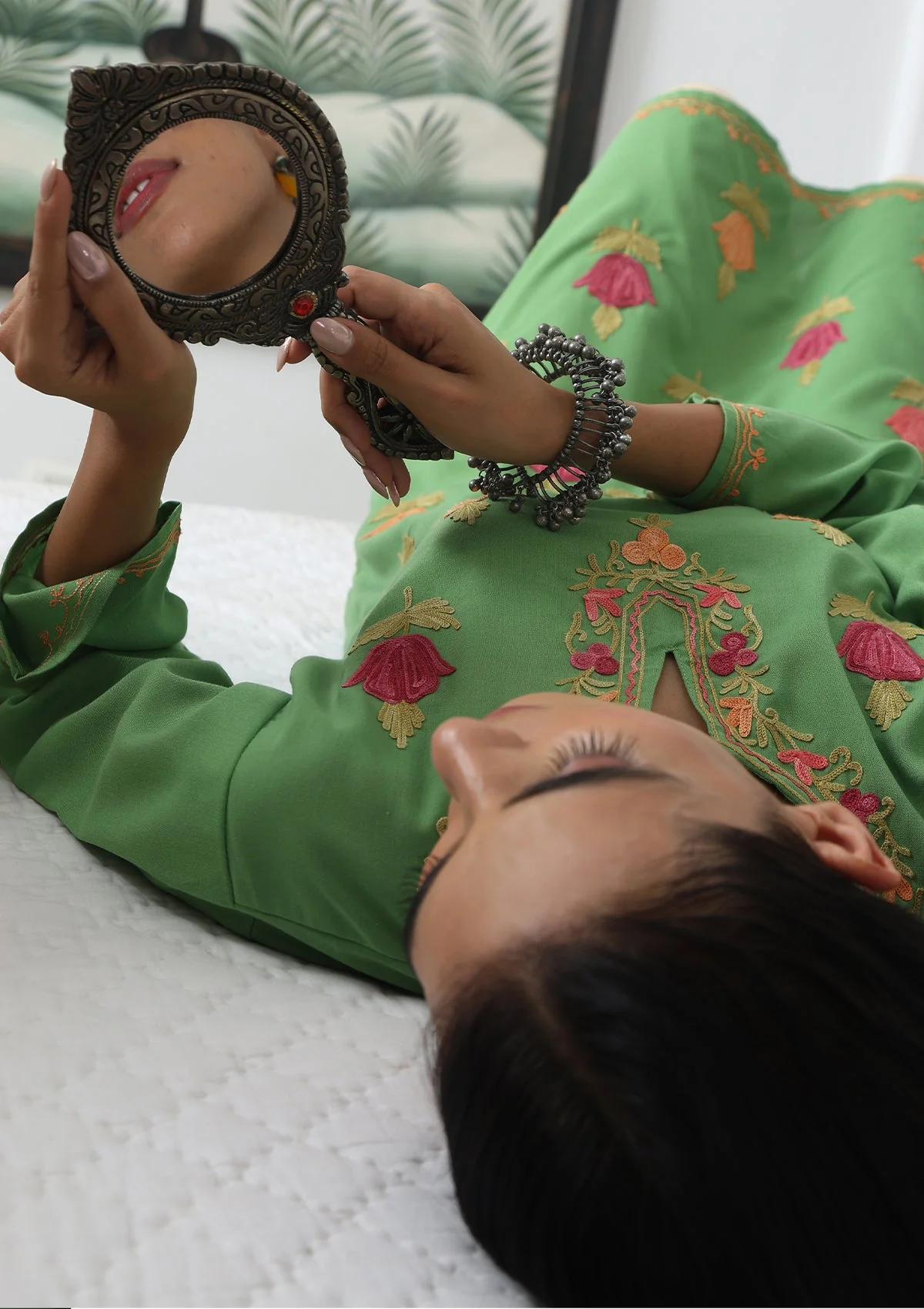 HOC Aari Embroidered Cotton Solid Women's Long Kurta - Green - Healthber