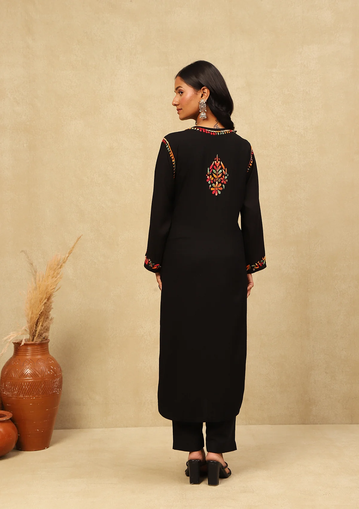 HOC Rayon Chikankari Solid Women's Long Kurta -Black - Healthber
