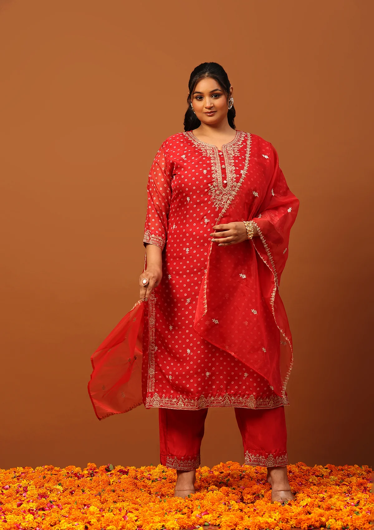 HOC Organza Zari Embroidered With Sequins Bandhani Printed Women's Straight Kurta Set-Red - Healthber