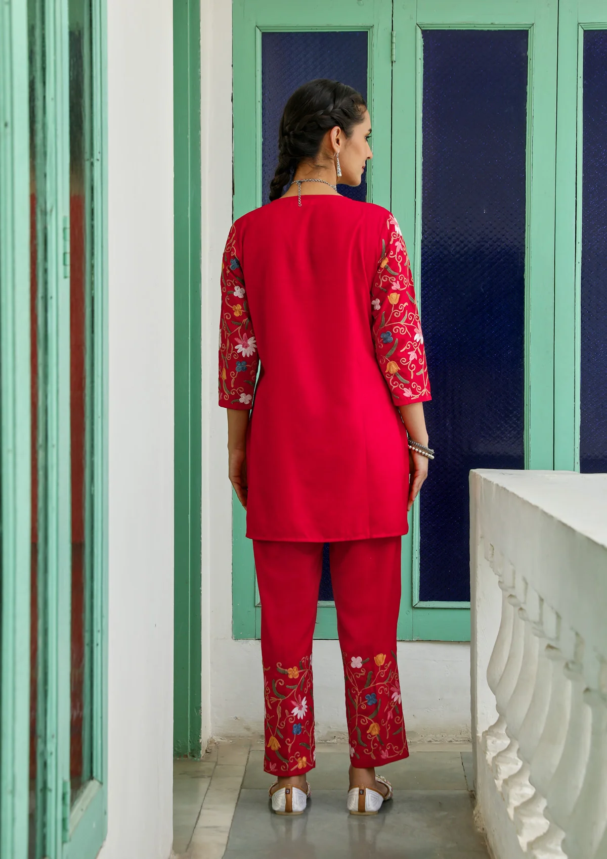 HOC Aari Embroidered Cotton Solid Women's 2 PC Co-ord Set - Red - Healthber