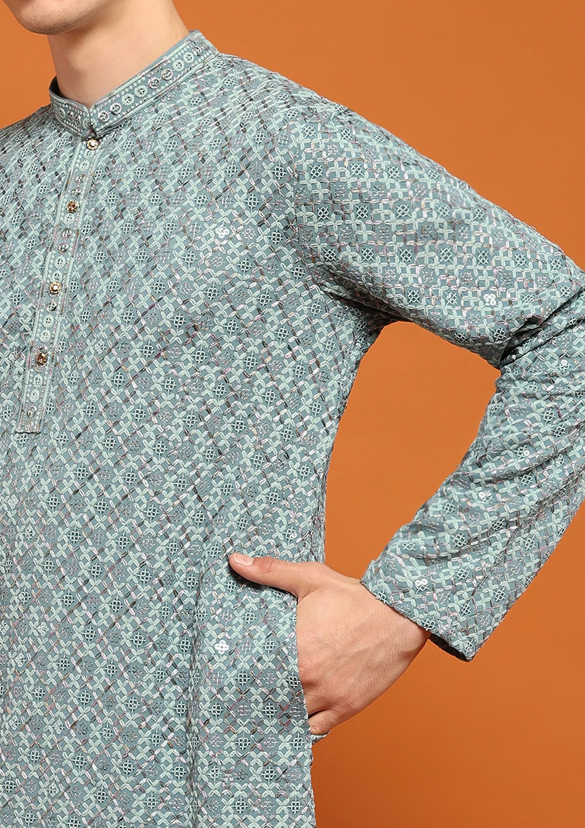 HOC Rayon Embroidered With Sequins Solid Men's Long Kurta- Seafoam Green - Healthber