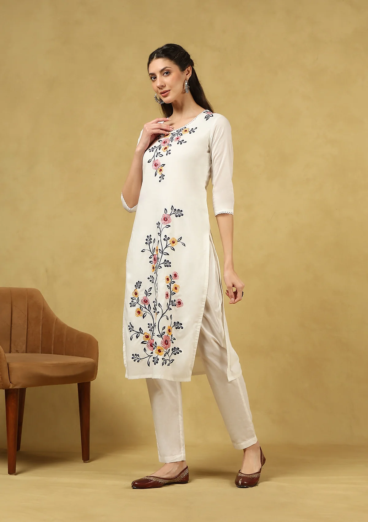 HOC Hand Embellished Cambric Cotton Printed Women's 3 PC Long Kurta Set with Dupatta - Off White - Healthber