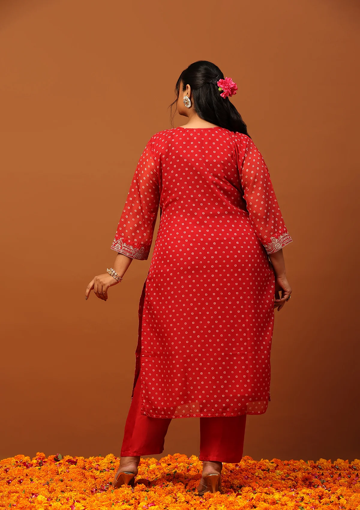 HOC Organza Zari Embroidered With Sequins Bandhani Printed Women's Straight Kurta Set-Red - Healthber