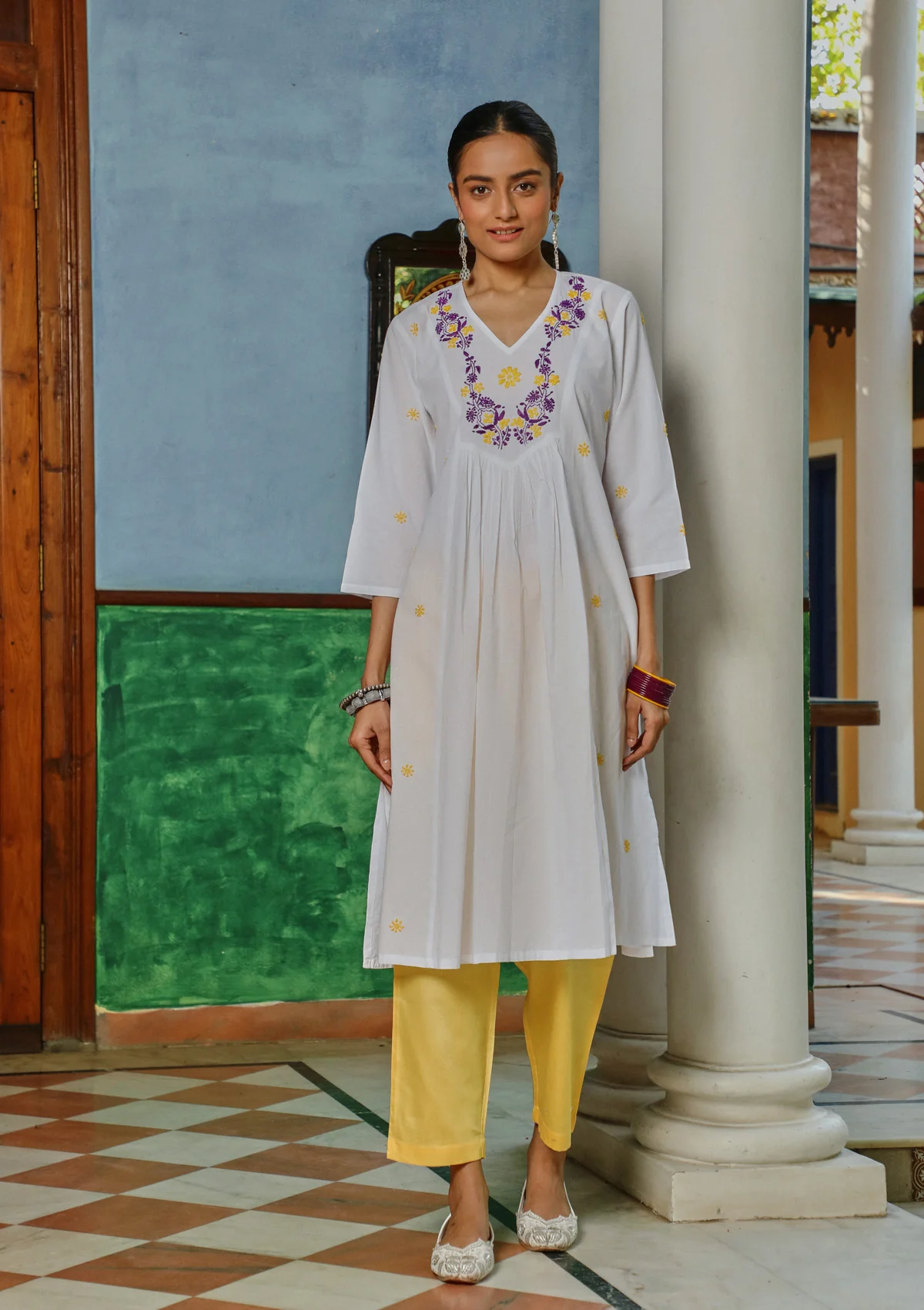 HOC Cotton Chikankari Solid Women's Long Kurta - White - Healthber