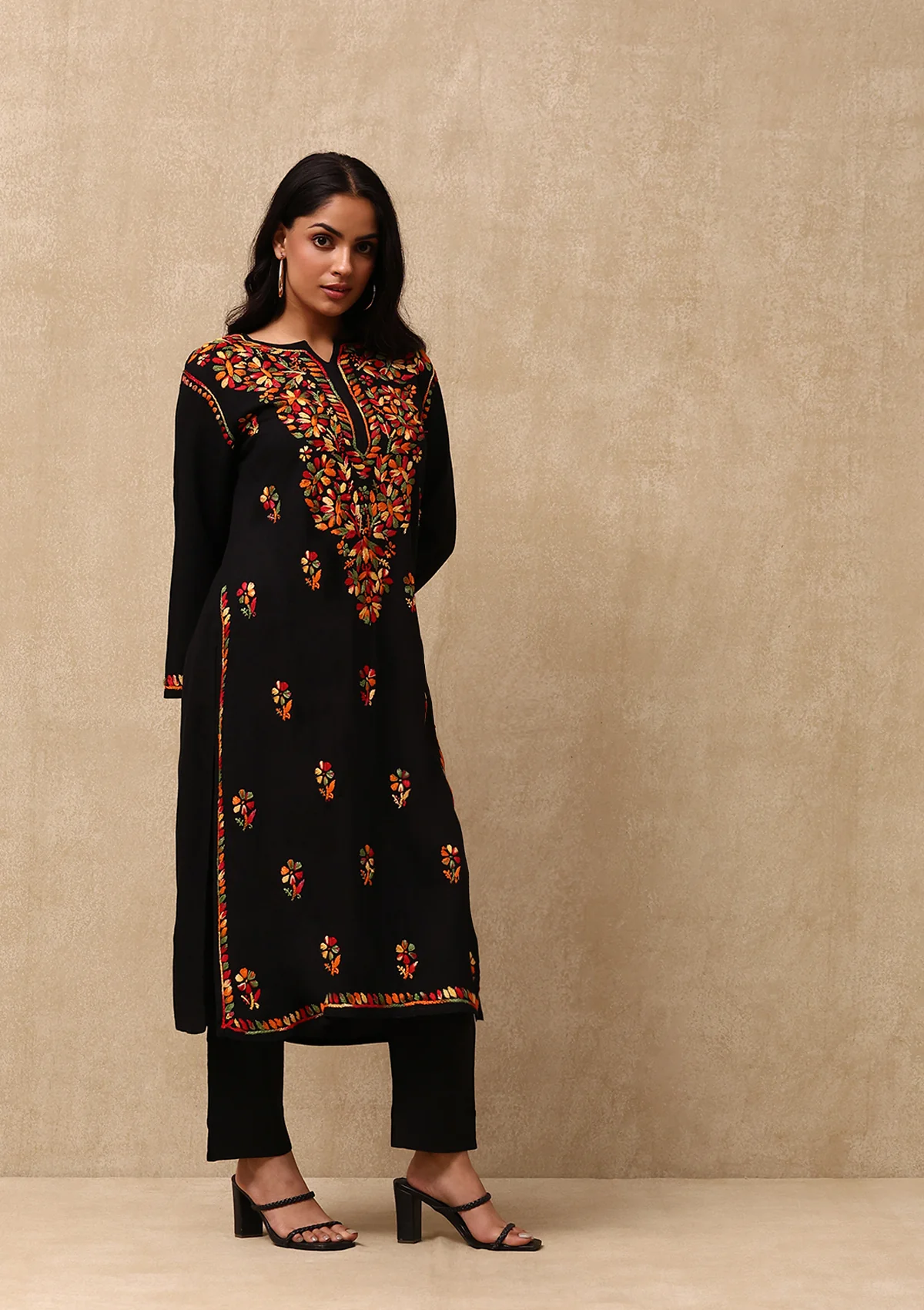 HOC Rayon Chikankari Solid Women's Long Kurta - Black - Healthber