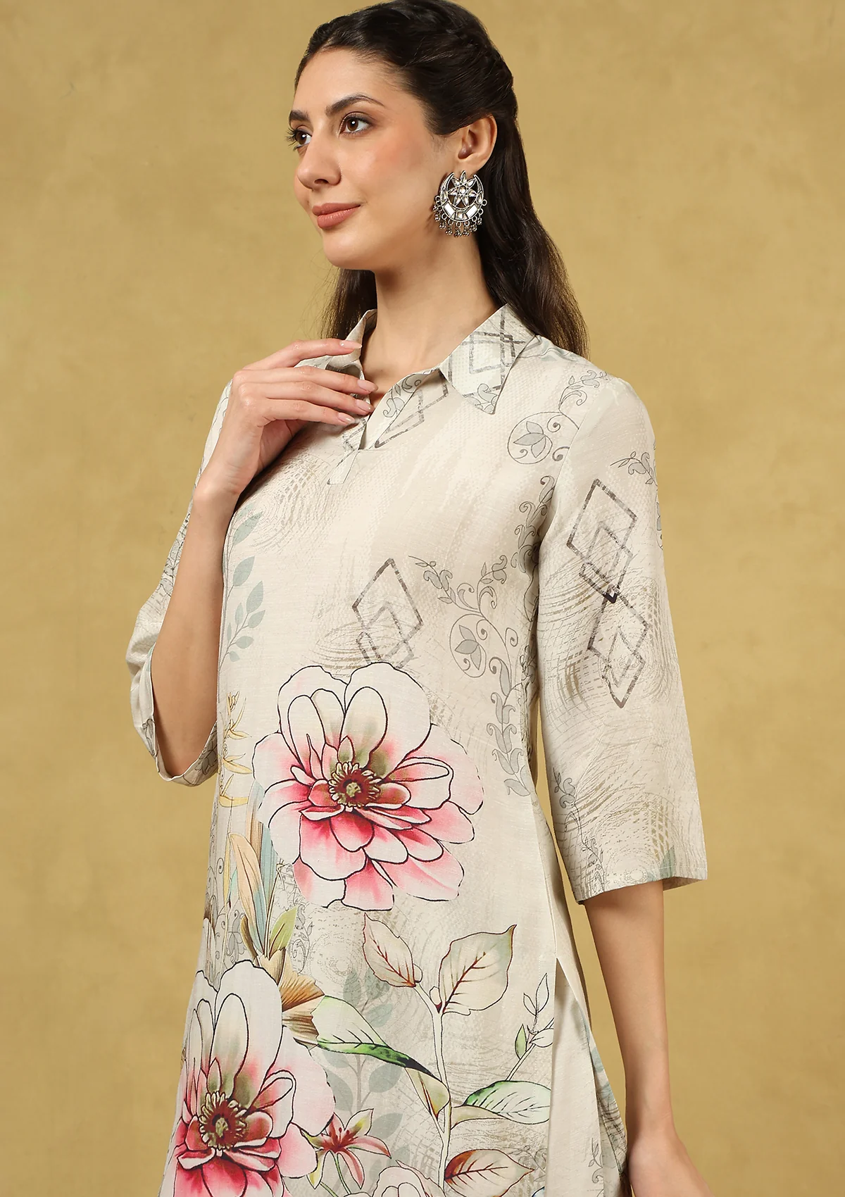 HOC Hand Embellished Viscose Linen Printed Women's 2 PC Co-ord Set - White - Healthber