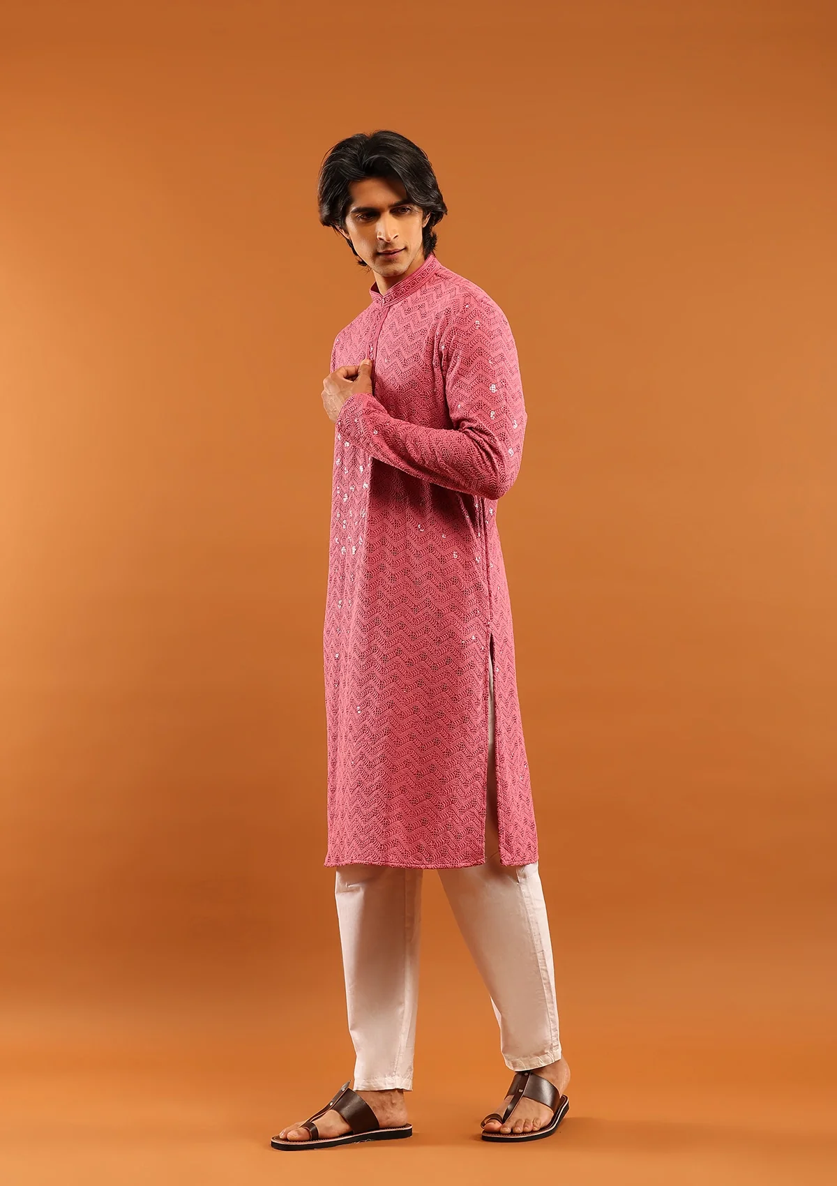 HOC Rayon Embroidered With Sequins Solid Men's Long Kurta- Pink - Healthber