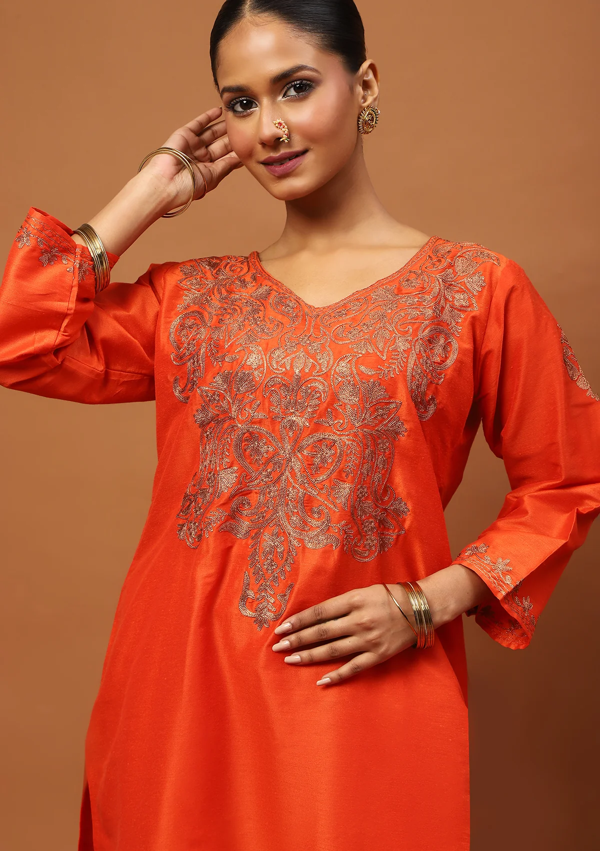 HOC Art Silk Embroidered Zari Solid Women's 2 PC Knee Kurta Set - Orange - Healthber