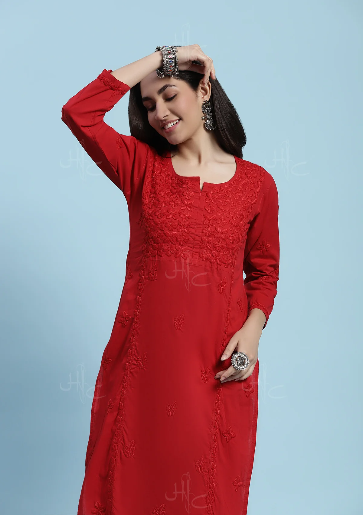 Cotton Chikankari Solid Women's Long Kurta - Red - Healthber