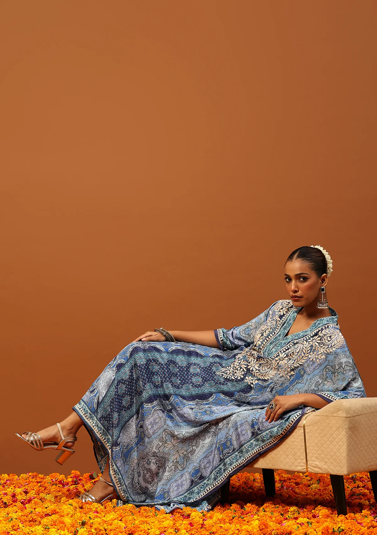 HOC Crepe Chikankari Printed Women's Kaftan -Blue - Healthber